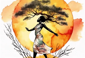 a tree woman reaching towards a blazing sun in the sky, african woman tattoo idea