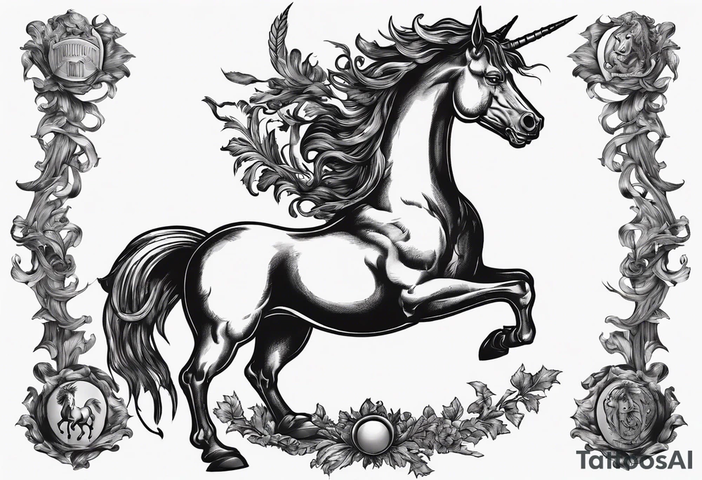 Coat of arms with a thick, tough looking unicorn that is smoking a cigarette and is wearing dark glasses. The horse should be like thicker than a Clydesdale tattoo idea Coat of arms with a thick, tough looking unicorn that is smoking a cigarette and is wearing dark glasses. The horse should be like thicker than a Clydesdale tattoo idea