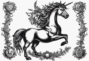 Coat of arms with a thick, tough looking unicorn that is smoking a cigarette and is wearing dark glasses. The horse should be like thicker than a Clydesdale tattoo idea