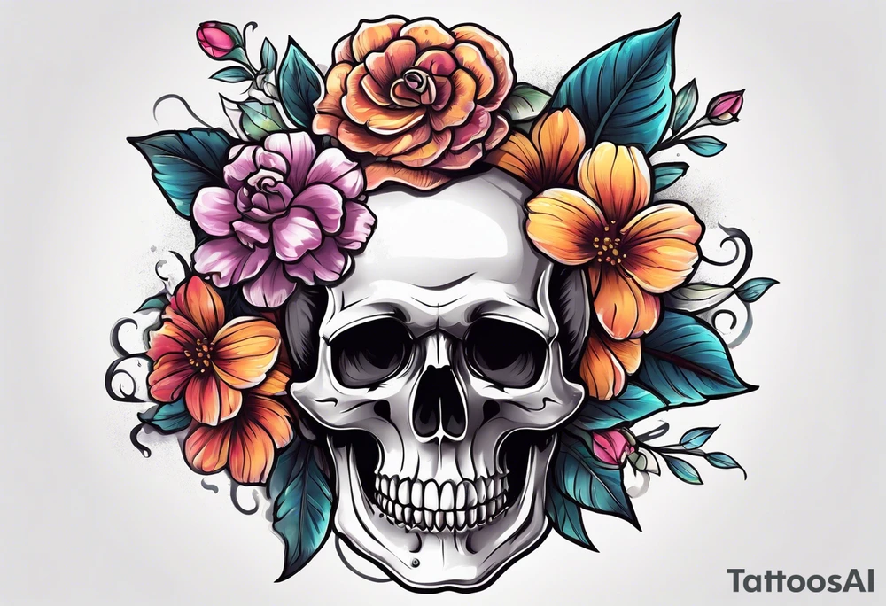 skull with flowers growing on top of its head tattoo idea