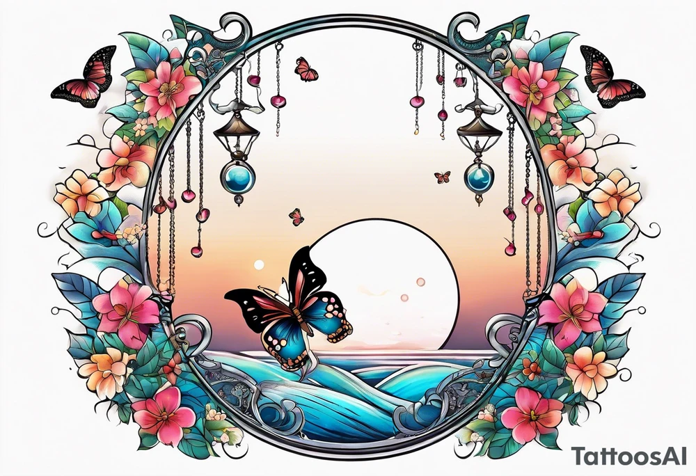 Half moon decorated with butterflies libra scales hanging from the bottom tattoo idea