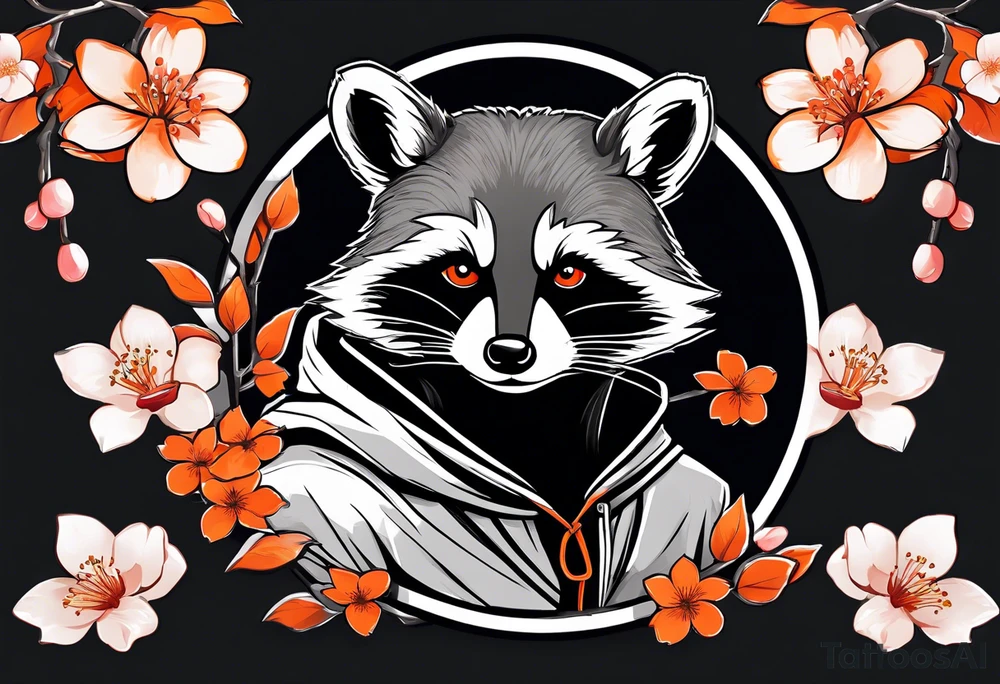Raccoon wearing a white Superman logo on a black hoodie and orange Japanese cherry blossoms beside tattoo idea