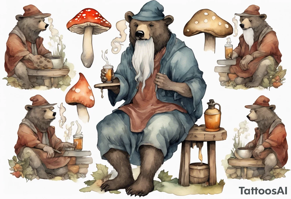 a medieval bear-human hybrid with a long grey beard wearing a tunic and a floppy hat covered in mushrooms, sitting on a stool by the tavern fireplace drinking from a wood cup tattoo idea