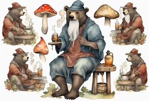 a medieval bear-human hybrid with a long grey beard wearing a tunic and a floppy hat covered in mushrooms, sitting on a stool by the tavern fireplace drinking from a wood cup tattoo idea
