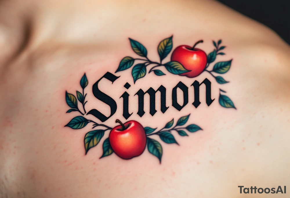 Simon in a bold, classic font, framed by vibrant red apples and green leaves. tattoo idea