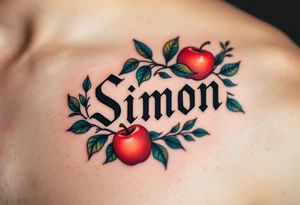 Simon in a bold, classic font, framed by vibrant red apples and green leaves. tattoo idea