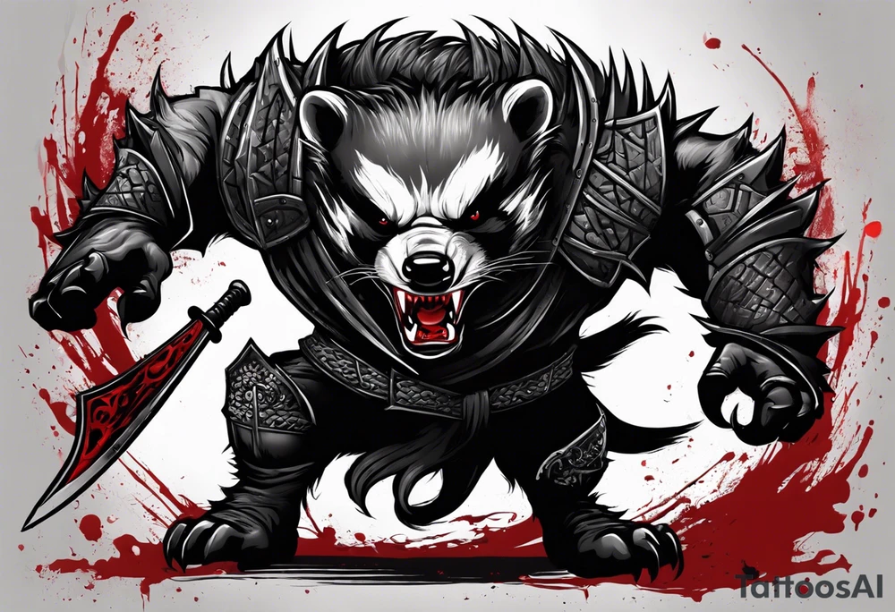 Draw me psychopath Badger/Berserker with aggressive full body, killer face with a scary smile, very long nails and he attacks like a Bloody Assassin/Warrior/Gladiator to us and also, he has very deadly looking. He fights with his nails. Everybody scares after their first sight. Give me horror type Badger Tattoo. I want to see his Realistic full body. tattoo idea