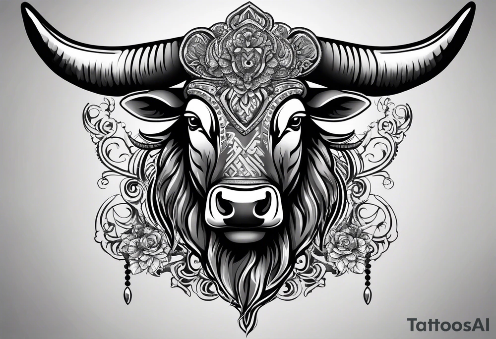 Evil, scary bull with horns surrounded by fill work for back tattoo. On a back tattoo idea