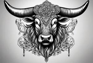 Evil, scary bull with horns surrounded by fill work for back tattoo. On a back tattoo idea