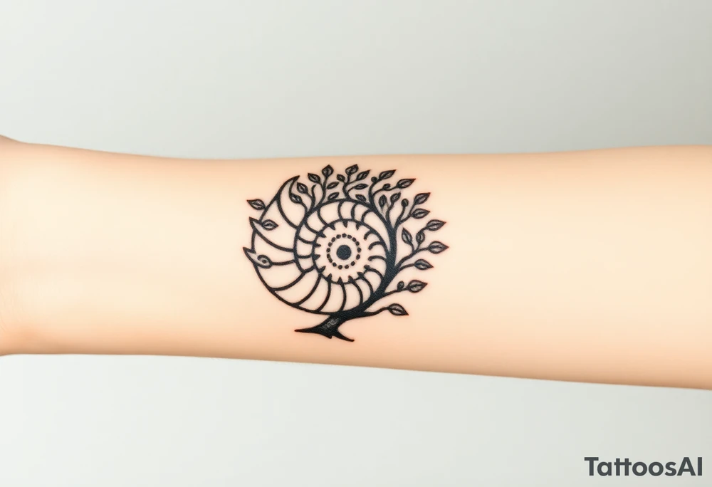 Fibonacci spiral shell on side of base of tree full of lots of leaves tattoo idea