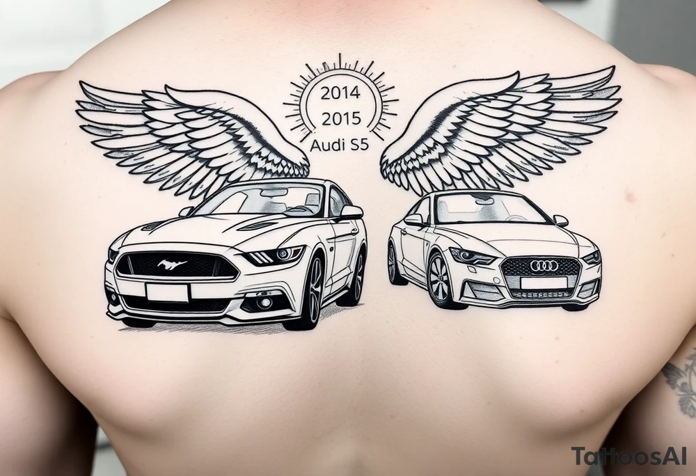 2014 Mustang GT driving down highway with 2015 Audi S5 with Angel wings and halo above 2015 Audi S5 tattoo idea