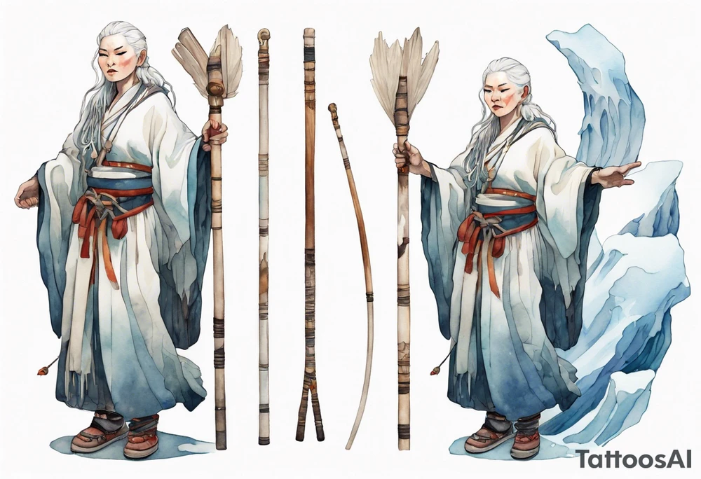 a Sami woman with white hair and a white robe holding a long ivory bowstaff, standing on an iceberg tattoo idea