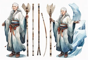 a Sami woman with white hair and a white robe holding a long ivory bowstaff, standing on an iceberg tattoo idea
