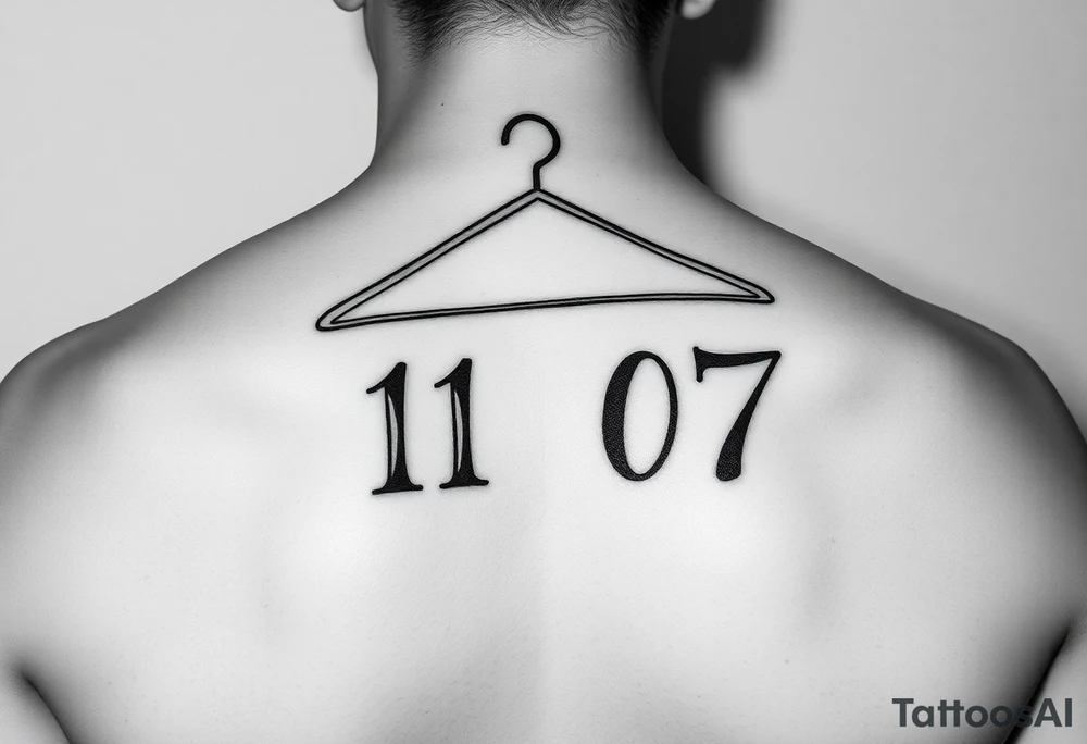 I want a tattoo about 7 cm in size that includes a drawing of a clothes hanger and the numbers 11 07, all in a realistic, beautiful style with stylish lettering tattoo idea