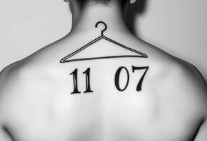 I want a tattoo about 7 cm in size that includes a drawing of a clothes hanger and the numbers 11 07, all in a realistic, beautiful style with stylish lettering tattoo idea