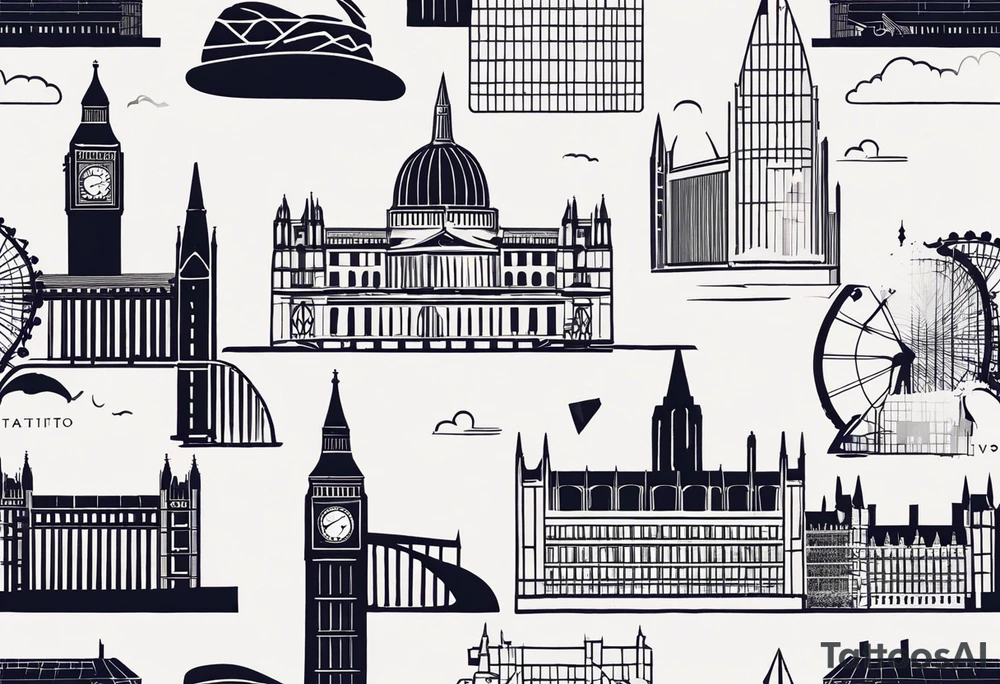 A minimalistic, abstract design capturing the architectural essence and vibe of London. Key elements of London’s skyline and structure are hinted at with clean lines, and subtle detailing includes personal touches, like a nod to Feid’s signature look (hat, glasses, mustache), integrated discreetly to honor a memorable concert experience. tattoo idea