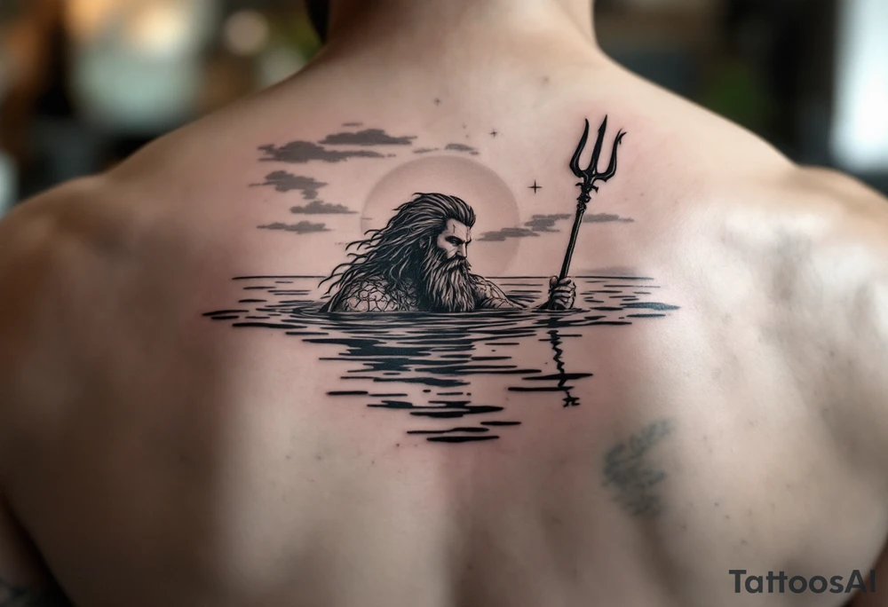 Poseidon half way under calm water with trident at sunset tattoo idea