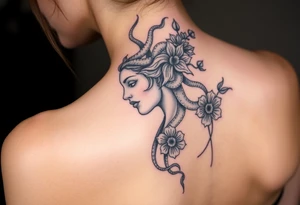 Side of Medusas face with snakes and flowers tattoo idea