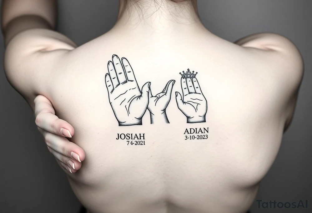 Womens hand out reached and her hands wrapped around 2 small hands wrapped arou d her hand holding two small hands one of a 2 year old one of a new born and under the 2 yr Olds hand the name JOSIAH  and in romen numbers 7-6-2021 with a crow. and under the new horns hand the name ADIAN and the number 3-10-2023 in roman numbers with a smaller crown the the 2 yr holds tattoo idea