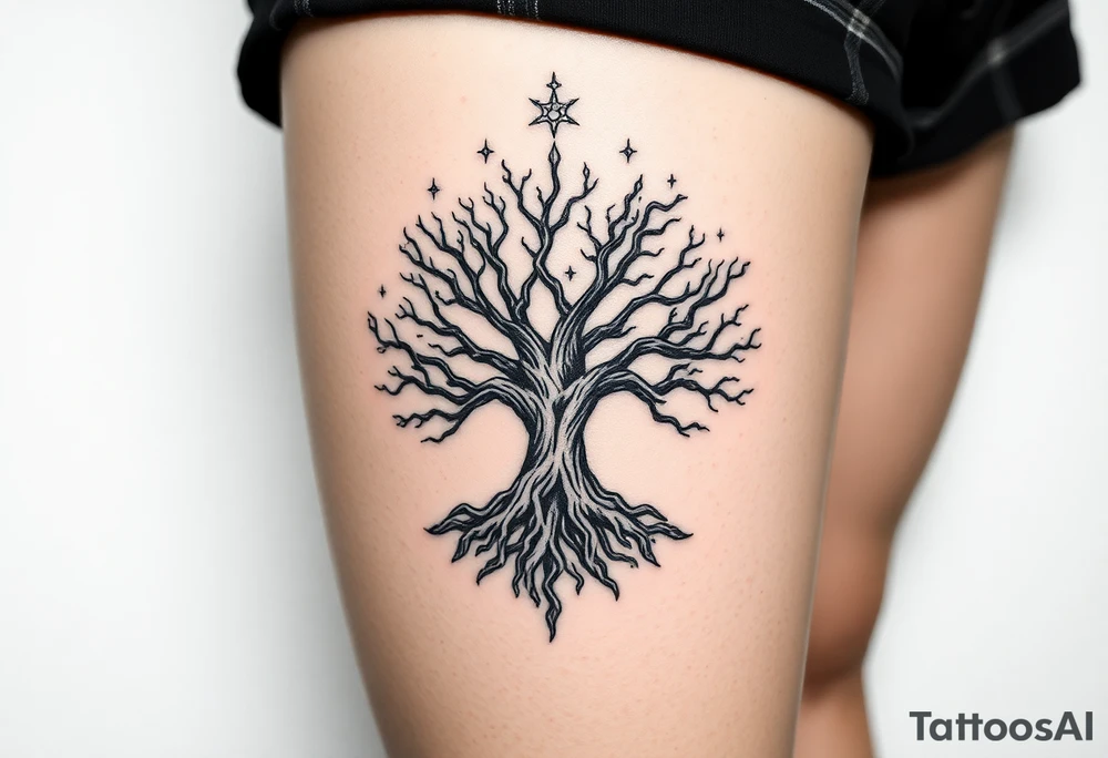 mystical tree of life with cosmic roots and celestial branches tattoo idea