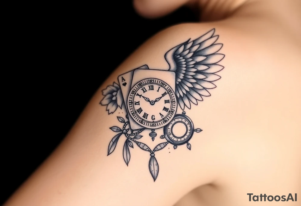 Slot machine cards compass and clock with angel wings tattoo idea