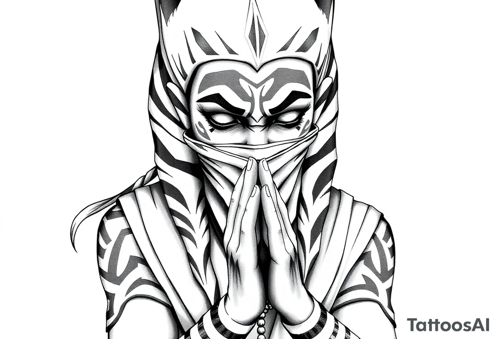 Ahsoka praying with rosary in hands and bandana over mouth tattoo idea