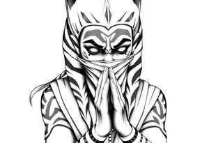 Ahsoka praying with rosary in hands and bandana over mouth tattoo idea