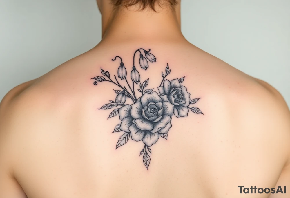 Snow drops, roses flower bouquet fine line tattoo idea