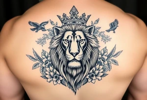 powerful majestic lion with a crown, surrounded by floral ornaments and birds tattoo idea
