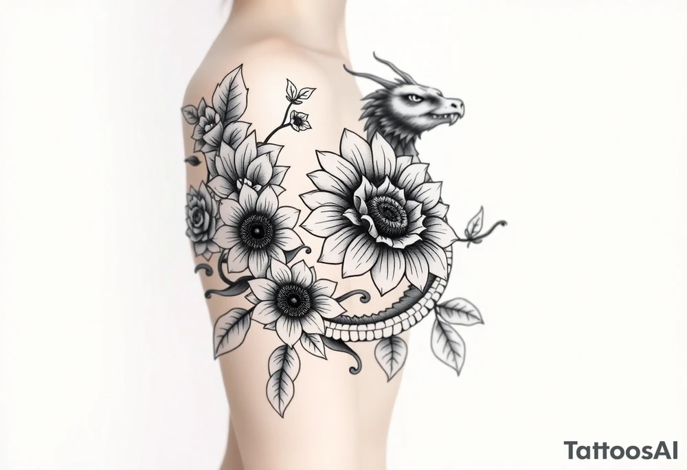 Hourglass roses sunflower dragon tattoo idea