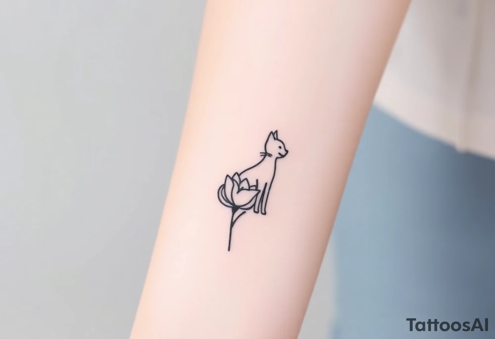 Line tattoo of a cat figure, dies not have to be complete  combining into a flower stem with a cute flower tattoo idea