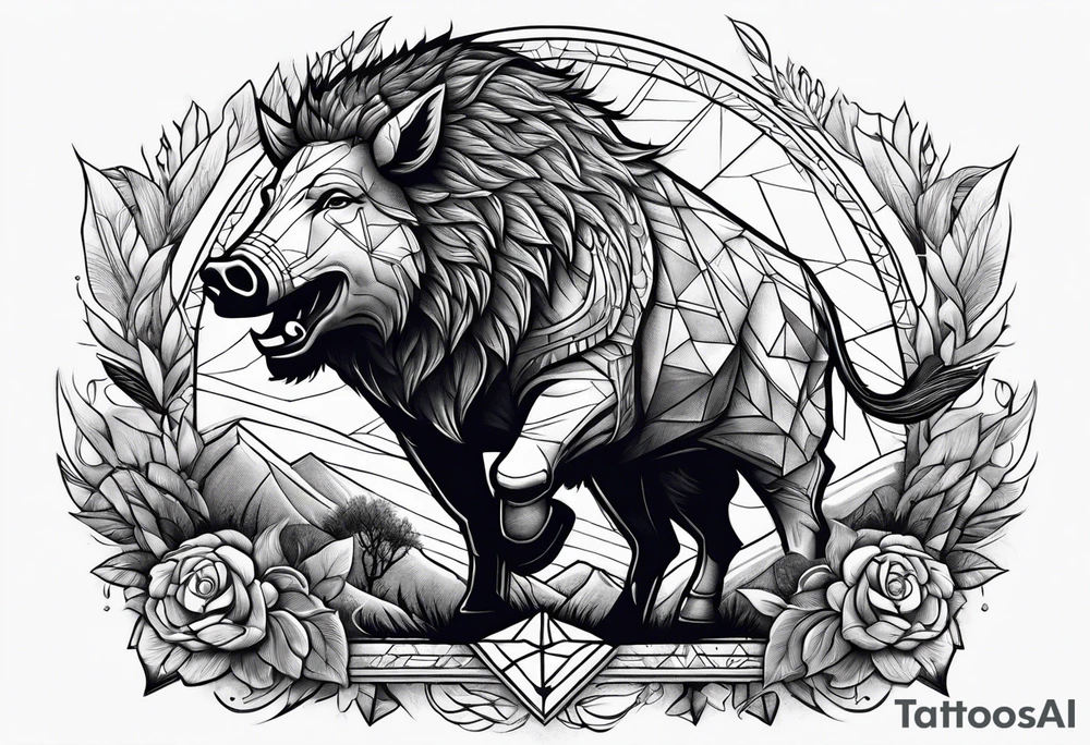 A wounded strong warrior with a wild boar nearby, feeling victory tattoo idea