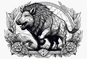 A wounded strong warrior with a wild boar nearby, feeling victory tattoo idea