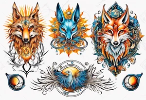 fisch, fuchs und eule , symetrie  sonne, universum, bunt, " sapere aude" tattoo idea