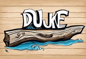 piece of driftwood underwater with the word duke scribed into the wood tattoo idea