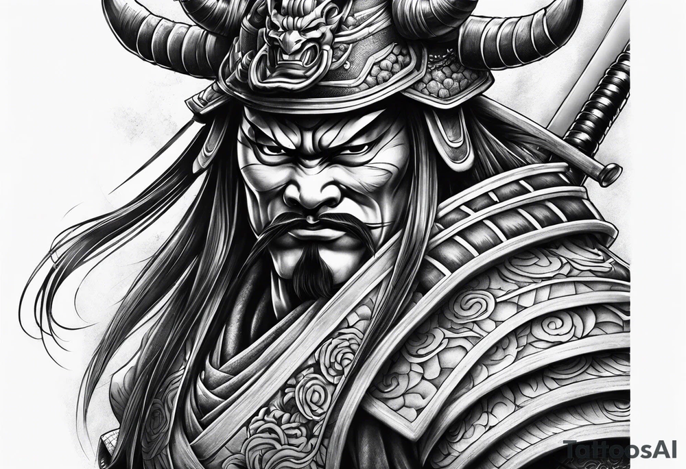 samurai and oni mask leg sleeve tattoo idea