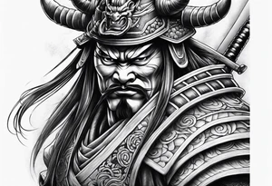 samurai and oni mask leg sleeve tattoo idea
