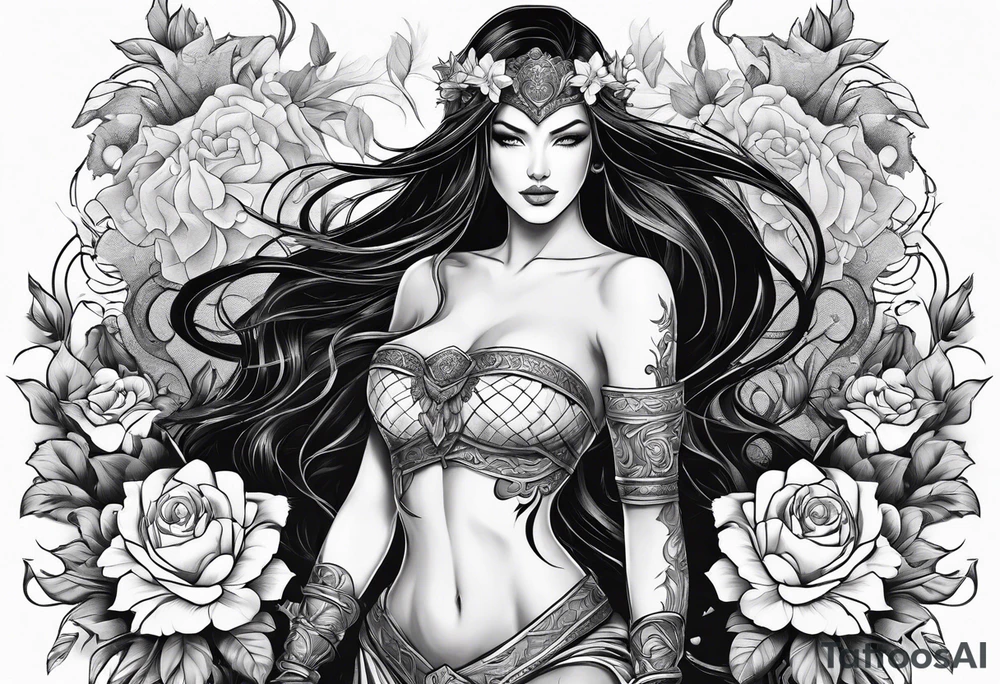 Powerful sexy warrior woman with flowers and vines tattoo idea