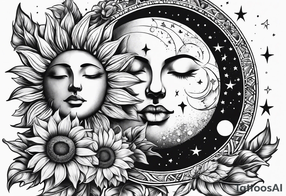 Sunflowers sun and moon tattoo idea