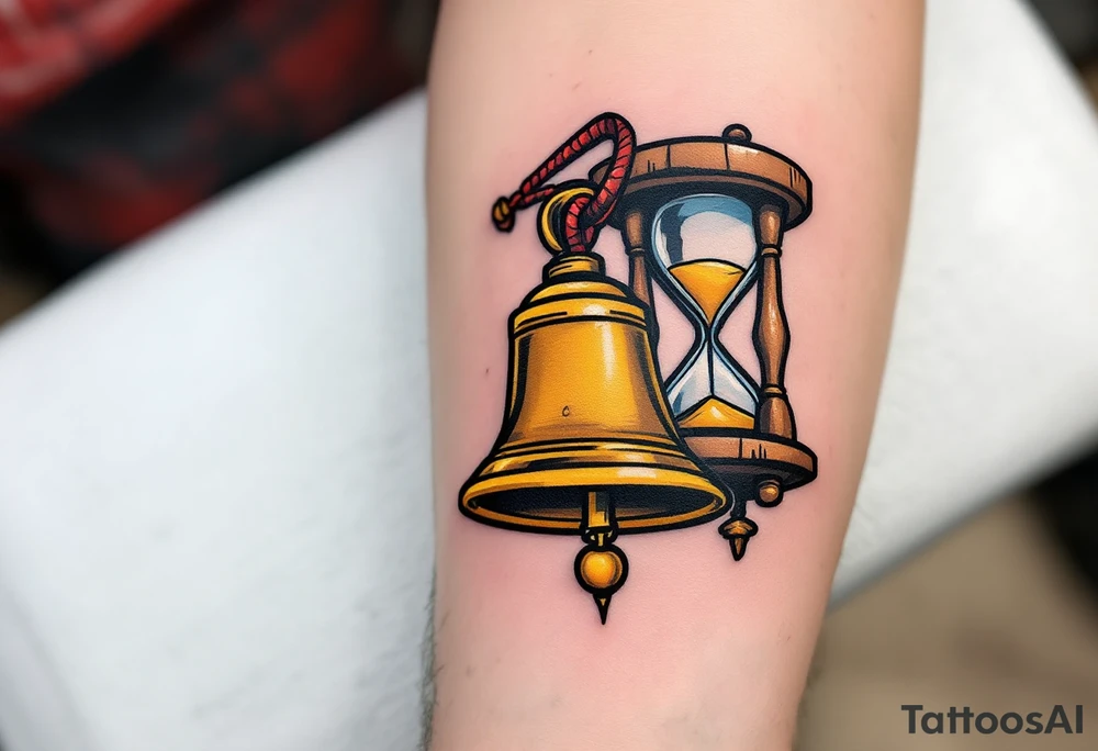 Ship’s Bell & Hourglass – A brass ship’s bell with a golden clapper, hanging next to an old-fashioned wooden hourglass, with sand flowing inside, representing time and destiny. tattoo idea