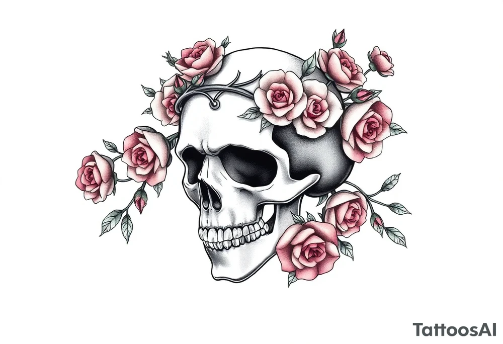 ornate skull adorned with crown of wild roses and thorns tattoo idea