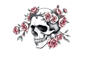 ornate skull adorned with crown of wild roses and thorns tattoo idea