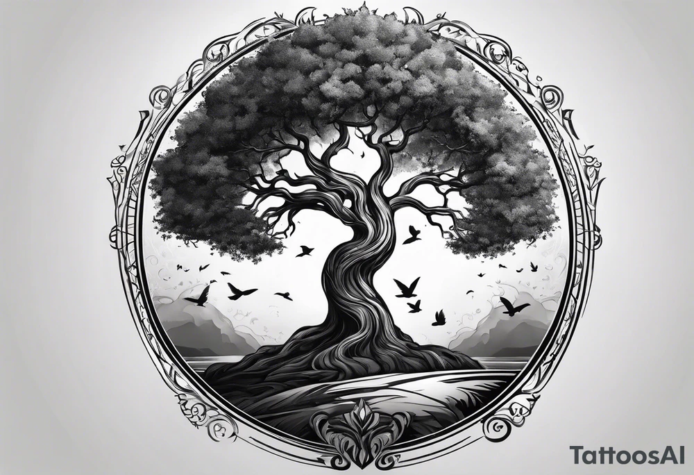 circle of life tree coming out of an hourglass tattoo idea