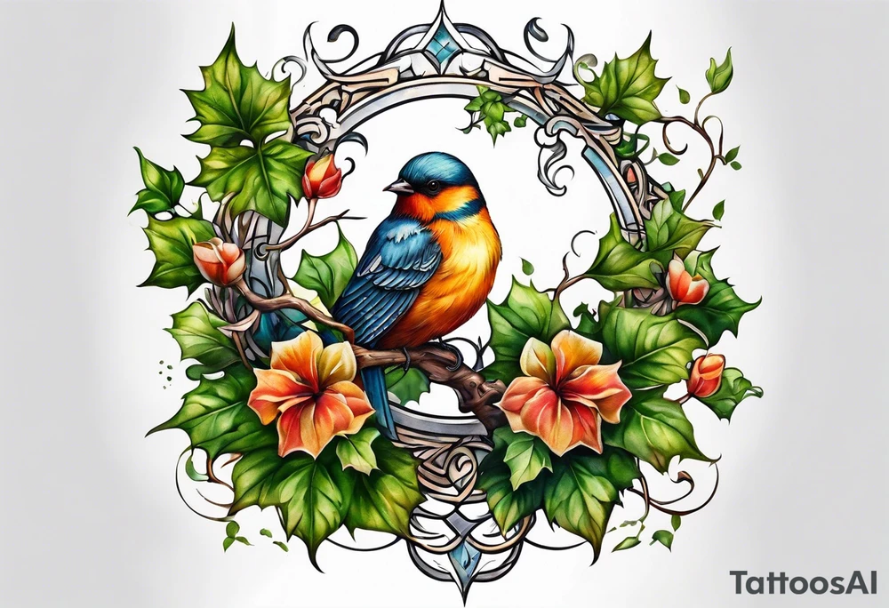 ivy sleeve with birds and barbs tattoo idea