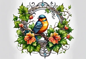 ivy sleeve with birds and barbs tattoo idea