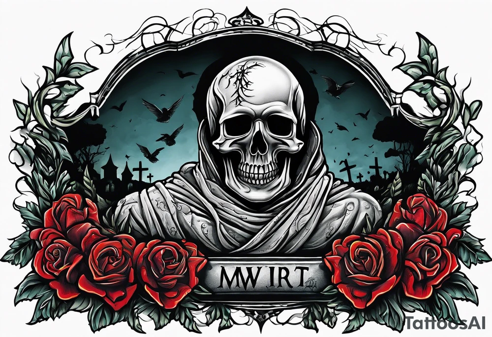 Man crawling out of grave. 
MIW Reincarnate written on gravestone tattoo idea