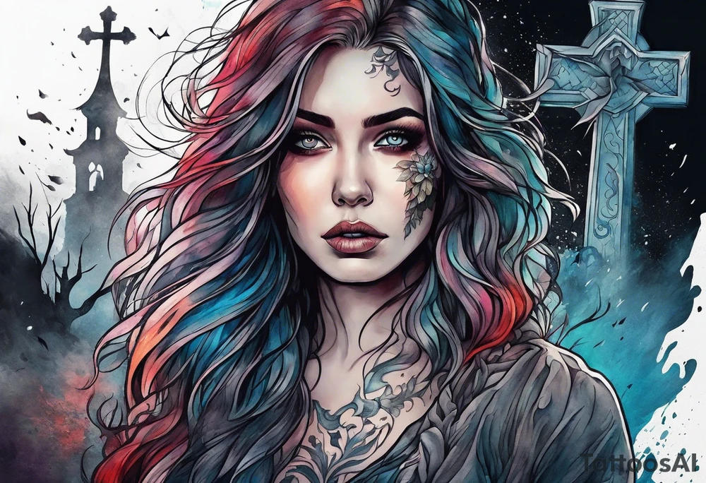 Woman with a tear running down her face walking out of a graveyard  leaving her old terrifying, scary, violent past behind her ethereal and mysterious tattoo idea