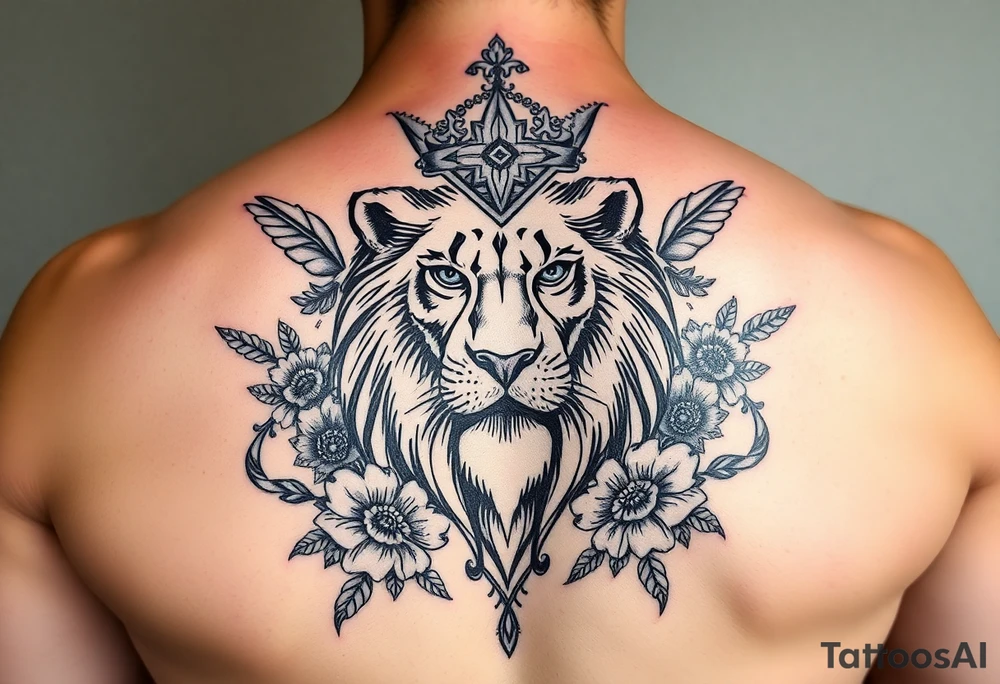 powerful majestic lion with a crown, surrounded by floral ornaments and birds tattoo idea
