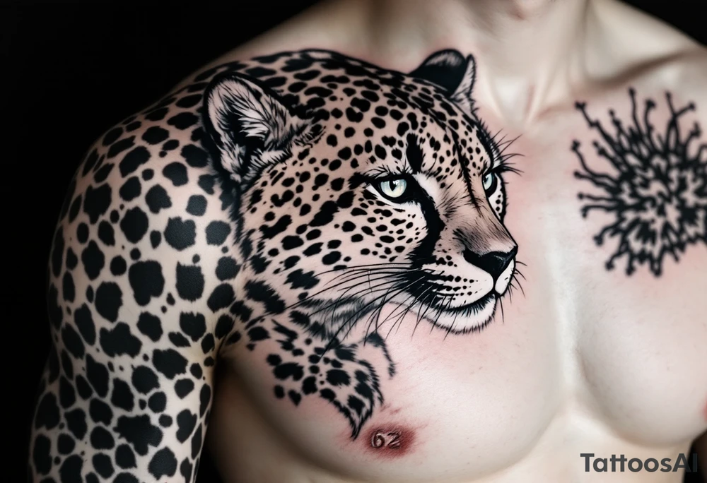 realistic cheetah covering the entire side chest with the number 62 tattoo idea