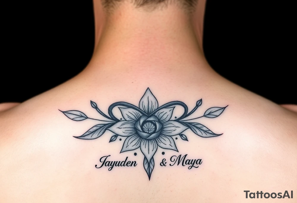 January December july birth Flower infinity sign and the names Jayden and Maya tattoo idea
